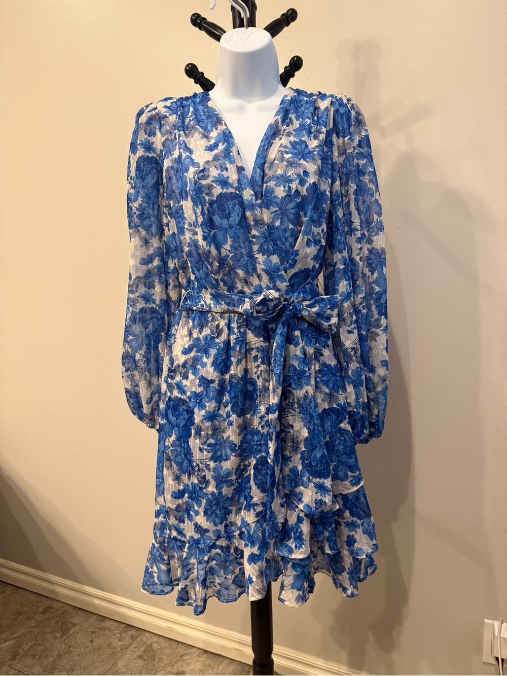 Alex Marie Blue and White Floral Wrap Dress with Long Sleeves